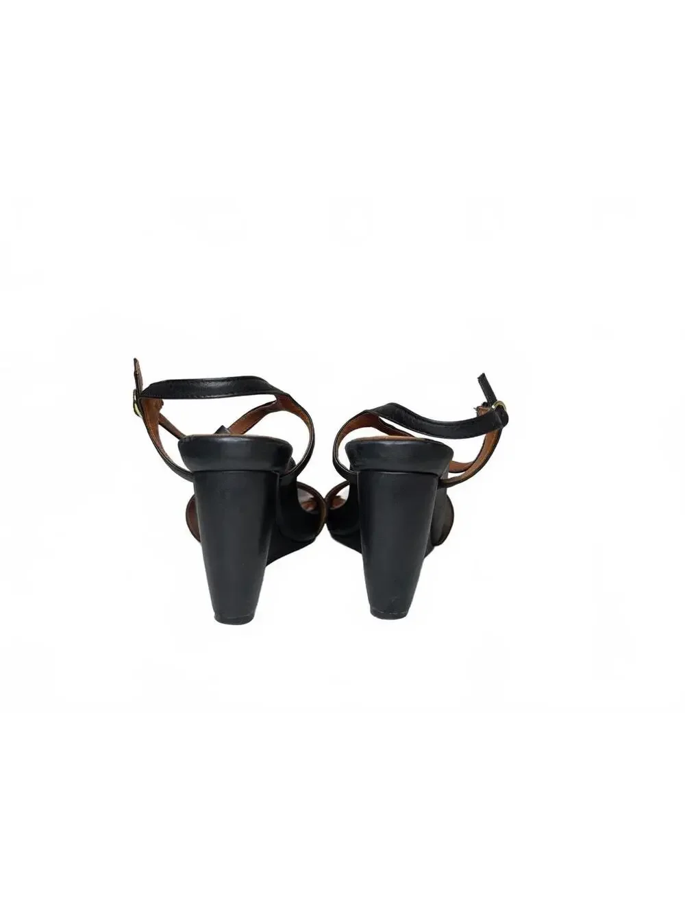 L'Amour Black T-Strap Wedge Sandals with Buckle Accent